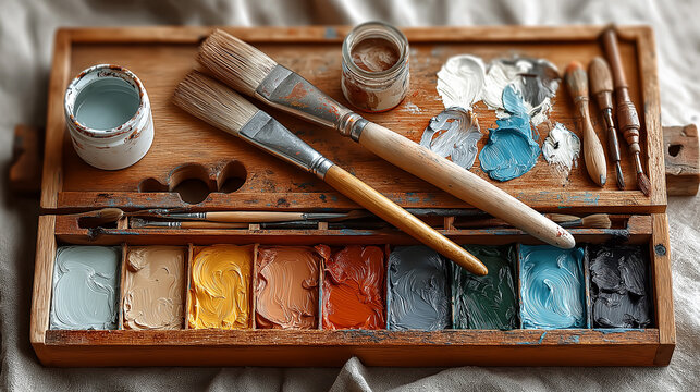Colorful artist palette with brushes and paint in a creative workspace on a soft surface - Powered by Adobe
