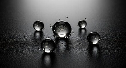 Crystal clear water droplets glistening on a dark textured surface, reflecting light.