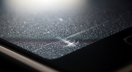 Close up of a scratched and dirty digital screen with reflections and dust particles.