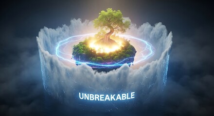 Majestic tree of life glows on a floating island protected by ethereal energy and swirling clouds.