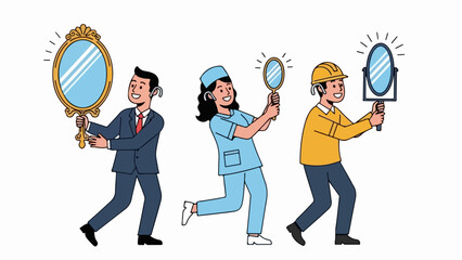 Employees with mirrors, employees with mirrors presenting their reflection showing occupations: businessman, doctor and builder. Employees with mirrors displaying various professions,