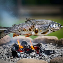 Obraz premium Freshly caught trout grilled over an open campfire, seasoned and cooked to perfection with a smoky aroma, outdoors, on a sunny day
