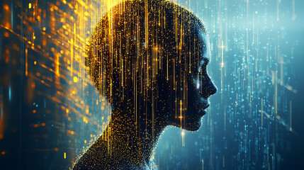Futuristic human silhouette made of glowing particles and digital light streams, abstract technology background with vibrant golden and blue lines creating a dynamic cyber visual atmosphere