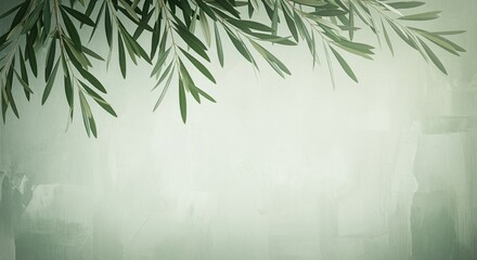 Green leafy branches hang from the top against a soft misty background. The gentle natural scene works well for wellness themes, spa designs, organic products, or calming backgrounds.