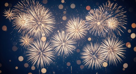 Bright golden fireworks burst across a dark blue night sky with glowing bokeh lights. Perfect for celebration designs, holiday greetings, party invitations, and festive event promotions.