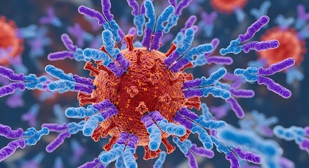 Microscopic view of a virus particle surrounded by antibodies, illustrating immune response and medical research.