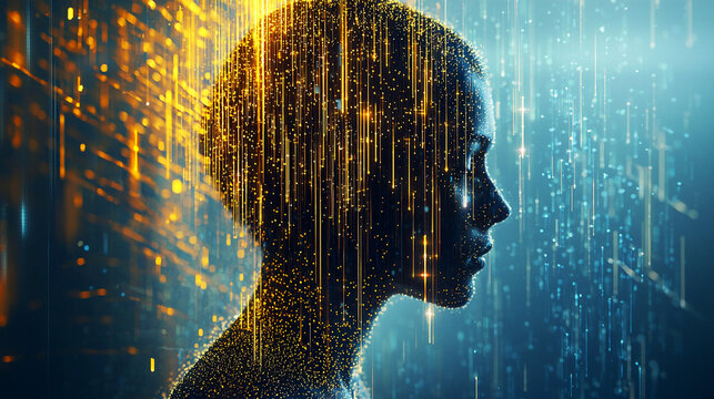 Futuristic human silhouette made of glowing particles and digital light streams, abstract technology background with vibrant golden and blue lines creating a dynamic cyber visual atmosphere - Powered by Adobe