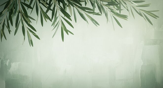 Green leafy branches hang from the top against a soft misty background. The gentle natural scene works well for wellness themes, spa designs, organic products, or calming backgrounds.