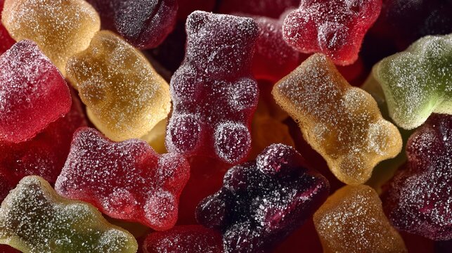 Delightful gummy bears with sugary coating offer a sweet treat, perfect for colorful candy displays or childhood-themed designs, bringing joy and whimsy - Powered by Adobe