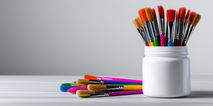 Bright paintbrushes in a jar on a table for art projects and creative activities