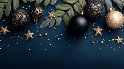 Elegant Christmas ornaments and golden stars create a festive holiday mood with a rich, deep blue background perfect for seasonal promotions and greetings