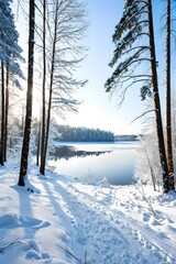 Snowy Forest Scene with Lake and Sunrise