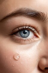 Fototapeta premium Close-up of a person's eye and nose with a water droplet on the skin