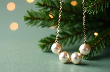 Pearl necklace on a Christmas tree. Advertising banner for jewellery brand. New Year's Sale Poster for the December holidays with pendant on golden chain as decoration. Gift idea. Space for text.