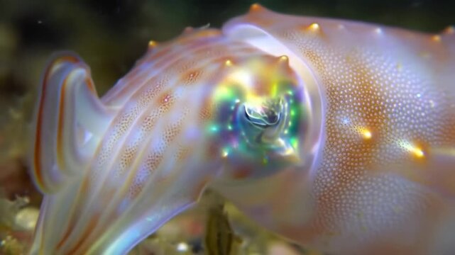 Cuttlefish looks in coral reef, iridescent eye shines, seabed blurred