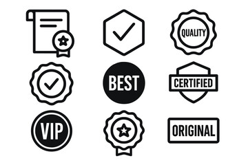 Set of nine quality assurance badges, certification seals, and guarantee icons