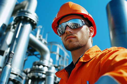 Worker in orange uniform and helmet at industrial site