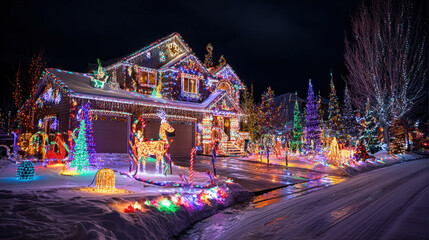 snowy suburban house completely covered in multi-colored christmas lights, including rooflines, trees, and lawn figures like a glowing reindeer. Represents holiday spirit and tradition.