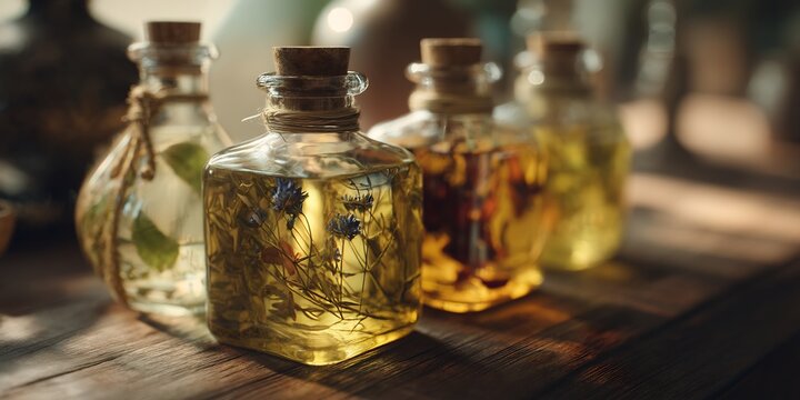 Herbal infused oils in elegant glass bottles with dried flowers on a rustic wooden table, illuminated by warm, cinematic light, reflecting natural beauty and wellness.