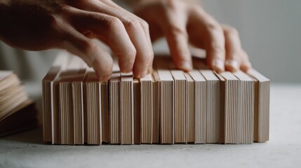 Hands organizing wooden blocks in neat rows for creative projects and design