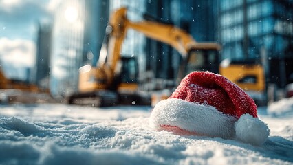 A red Christmas Santa hat lying on snowy ground at an active construction site during a colorful winter sunset