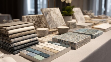 Interior design showcase with fabric swatches and tile samples for modern decor inspiration