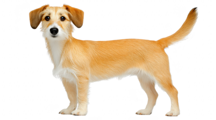 Short haired tan dog standing with tail up, looking alert and friendly, isolated on transparency background, medium size, smooth coat, domestic pet, full body side view