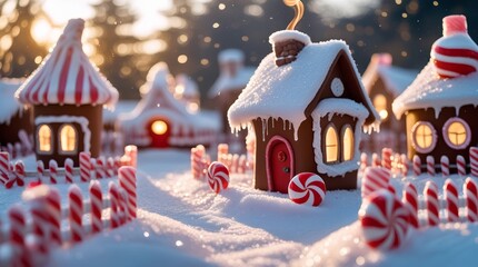 Christmas candy house in the snow. Whimsical claymation candyland scene.