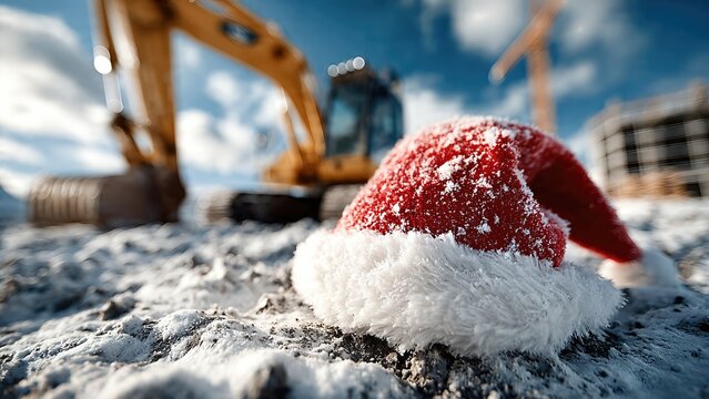 A red Christmas Santa hat lying on snowy ground at an active construction site during a colorful winter sunset