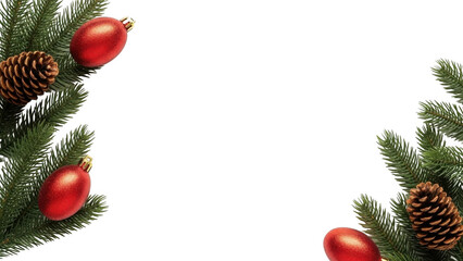 Fir branches with christmas ornaments and pine cones