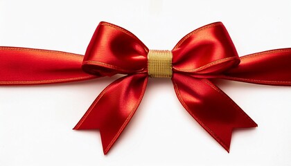a rich red satin ribbon bow with a golden decorative knot