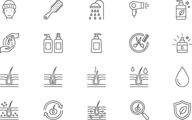 Hair Care, Treatment, Styling, and Hygiene Vector Icons Set Showing Shampoo, Conditioner, Hair Loss, Scalp Health, and Salon Equipment.