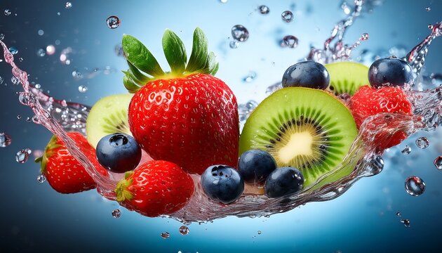 vibrant mix of fresh strawberries blueberries and kiwi slices drenched in a splash of juice - Powered by Adobe