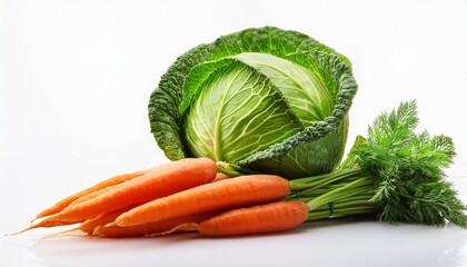 fresh produce featuring a green head of cabbage and a bunch of carrots isolated against a white background