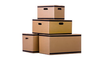 Obraz premium Stacked cardboard storage boxes with black handles, isolated on transparency background, used for moving, organizing, or storing items in home or office, practical and minimalistic design