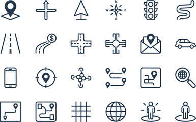 Navigation, GPS Location Tracking, Mapping, and Direction Vector Icons Set Showing Road Routes, Compass, Traffic Lights, and Global Positioning System Symbols.