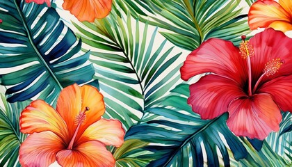 vibrant tropical floral watercolor pattern with lush hibiscus and palm leaves evoking paradise and summer