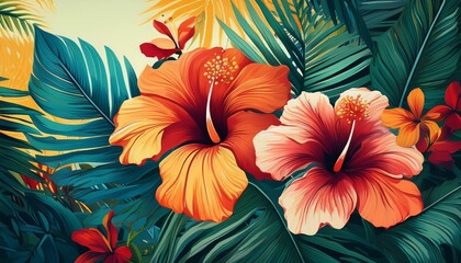 vibrant hibiscus flowers and lush tropical foliage create an exotic paradise mood
