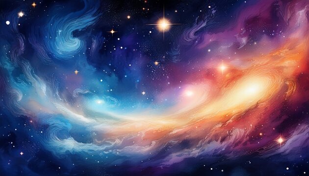 vibrant watercolor galaxy with shimmering stars and cosmic nebulae evokes wonder and mystery
