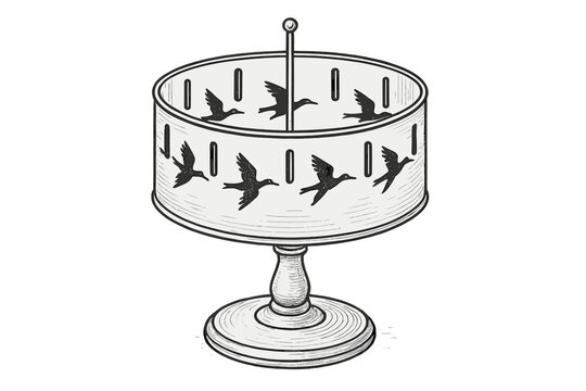 Vintage Zoetrope Birds. Vintage zoetrope toy spinning with bird migration cycle illustration inside, first in line style with thin