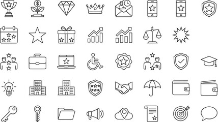Business Success, Achievement, Finance, and Security Vector Icons Set Showing Awards, Growth, Investment, Corporate Law, and VIP Client Services.