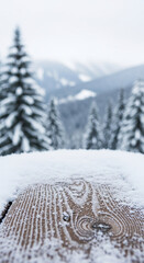 Close-up of a wooden surface covered with snow, showing a mountain scene with pine trees in the background, representing winter, cold, and outdoor adventure
