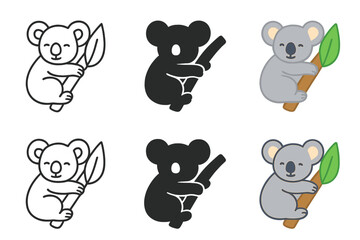 Fototapeta premium Koala Vector Icon Set. Koala hugging a eucalyptus branch with a single large leaf beside it, minimalist vector icon set, first in
