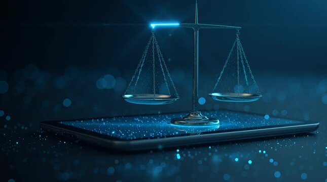 A digital scale of justice resting on a tablet with a blue glowing background effect