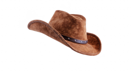 Brown suede cowboy hat with curved brim and decorative leather band, classic western style headwear for men or women, isolated on transparency background, rustic and adventurous vibe