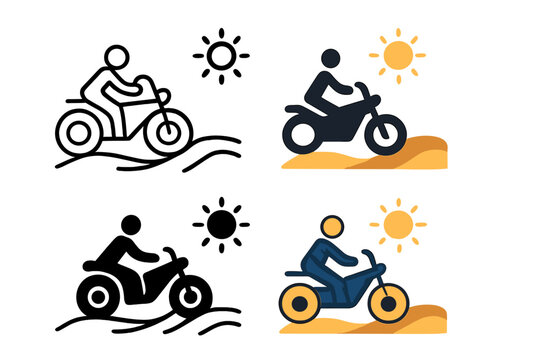 Motorcycle Desert Icon. Motorcycle Desert Road, clean modern icon showing unity between motion and sunlight through smooth dynamic