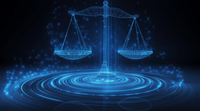 A digital rendering of scales of justice with blue glowing effect and dark background