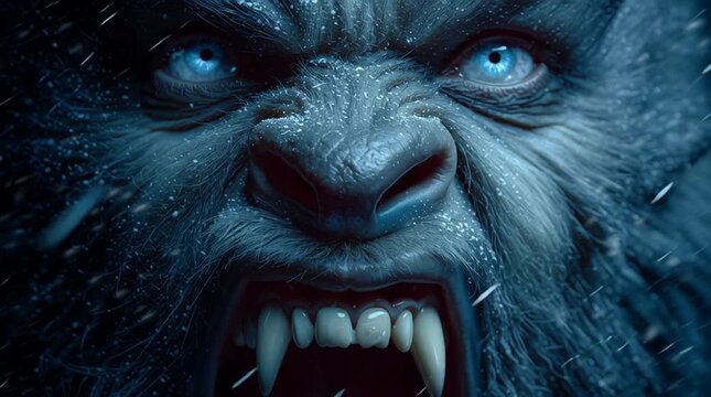 Close up view of a werewolf face with blue eyes and snow falling around it