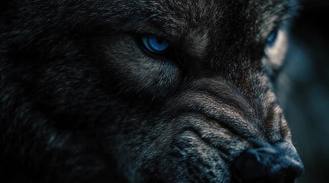 Close up of an angry wolf showing its teeth with striking blue eyes in the dark