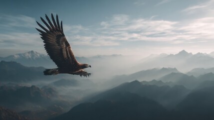 Fototapeta premium Eagle Soars High Above Mountains Under a Wide Sky With Light Highlighting the Majestic View of the Landscape